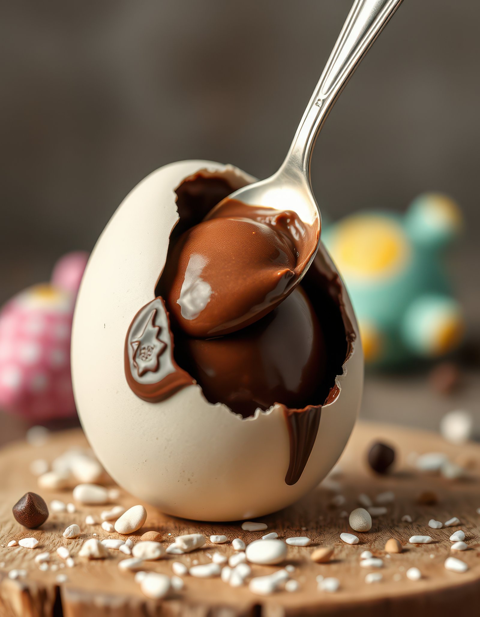 Chocolate filling oozing from a broken egg on wooden board surrounded by small candies and decorations
